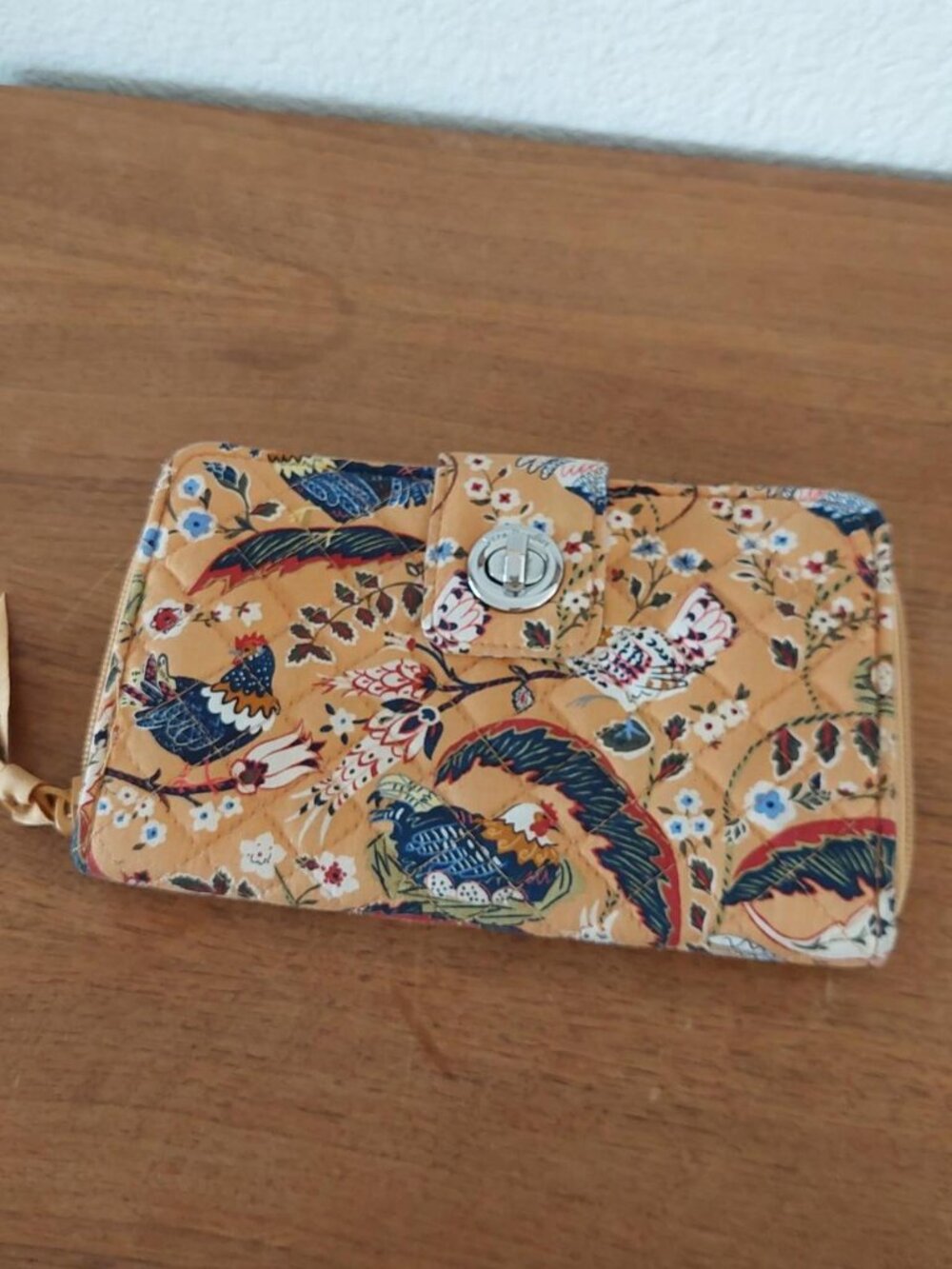 Vera Bradley French Hens RFID Turnlock Wallet, Quilted Cotton Mustard Yellow Roo